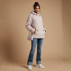 VS PINK Dusty Pink Sherpa Hoodie M - Y2K McBling Oversized Fleece Sweatshirt